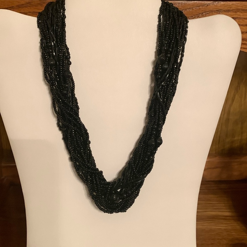 Vintage 18” Black Multi Strand Seed Bead Necklace Twisted Gold tone Clasp
